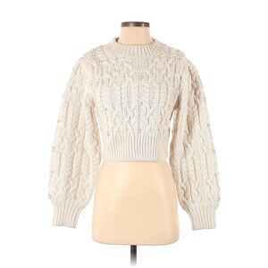 ZARA Solid Ivory Cable Knit Crop Faux Pearl Sweater - S